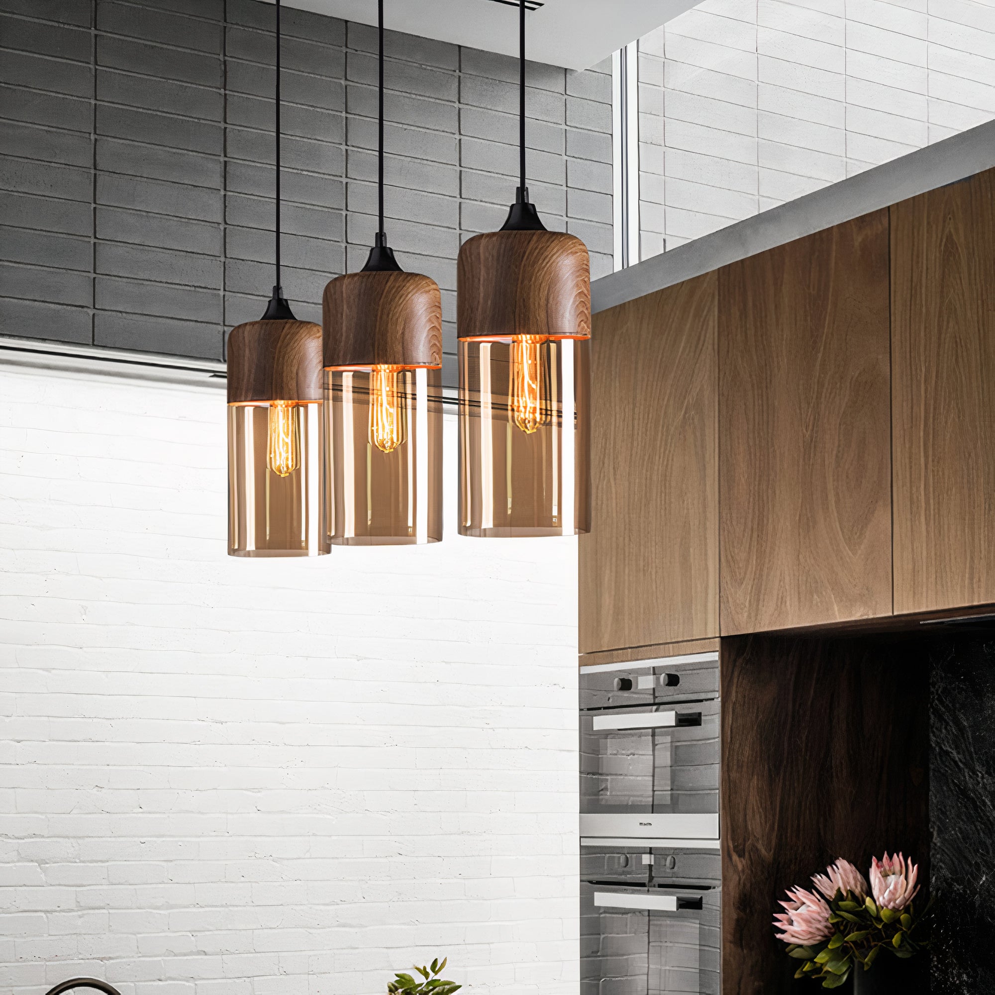 Holz Pendelleuchte Glas farbig, Moderne Hängelampe