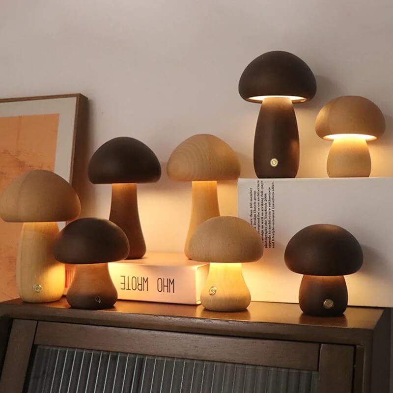 LED Pilz Tischlampe Holz, Dimmbar, Kabellos, Akku, USB