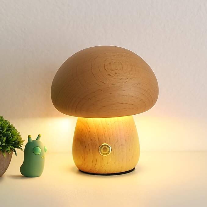 LED Pilz Tischlampe Holz, Dimmbar, Kabellos, Akku, USB