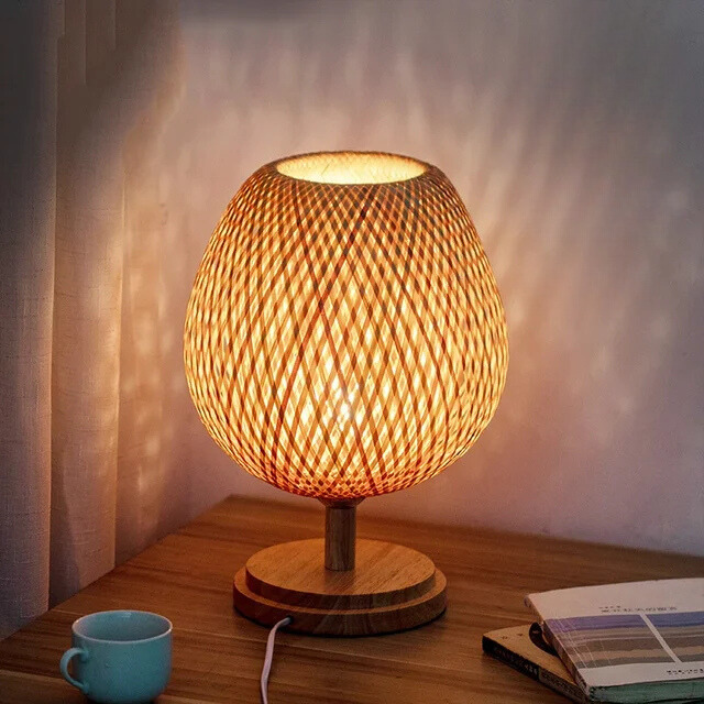Bambus Tischlampe Vintage, LED Tischleuchte Natur
