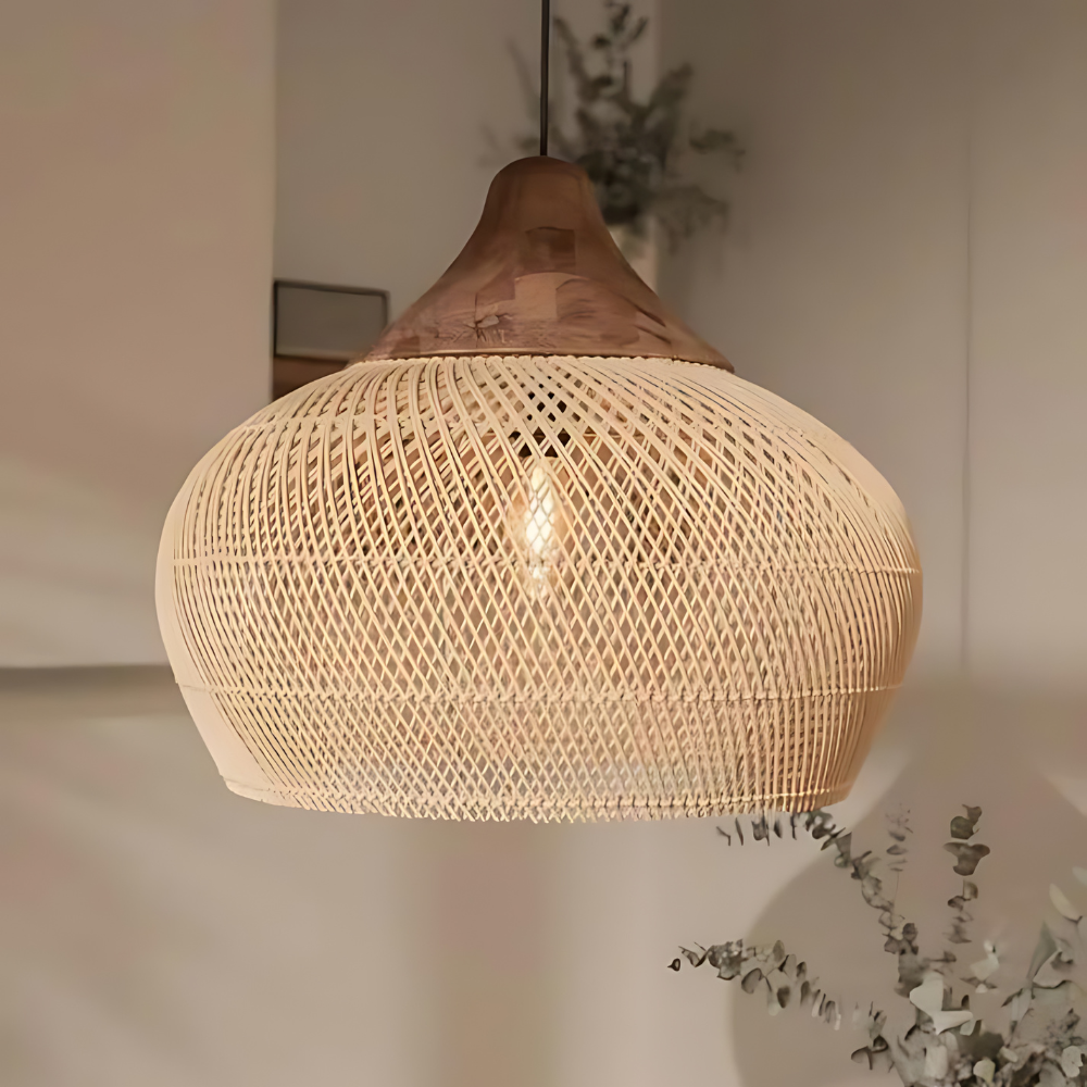 Rattan Deckenleuchte Boho, Große Deckenlampe natur