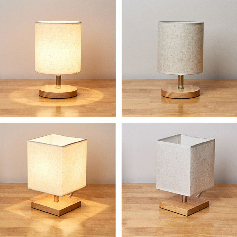 Tischlampe Holz Stoffschirm, LED Nachttischlampe