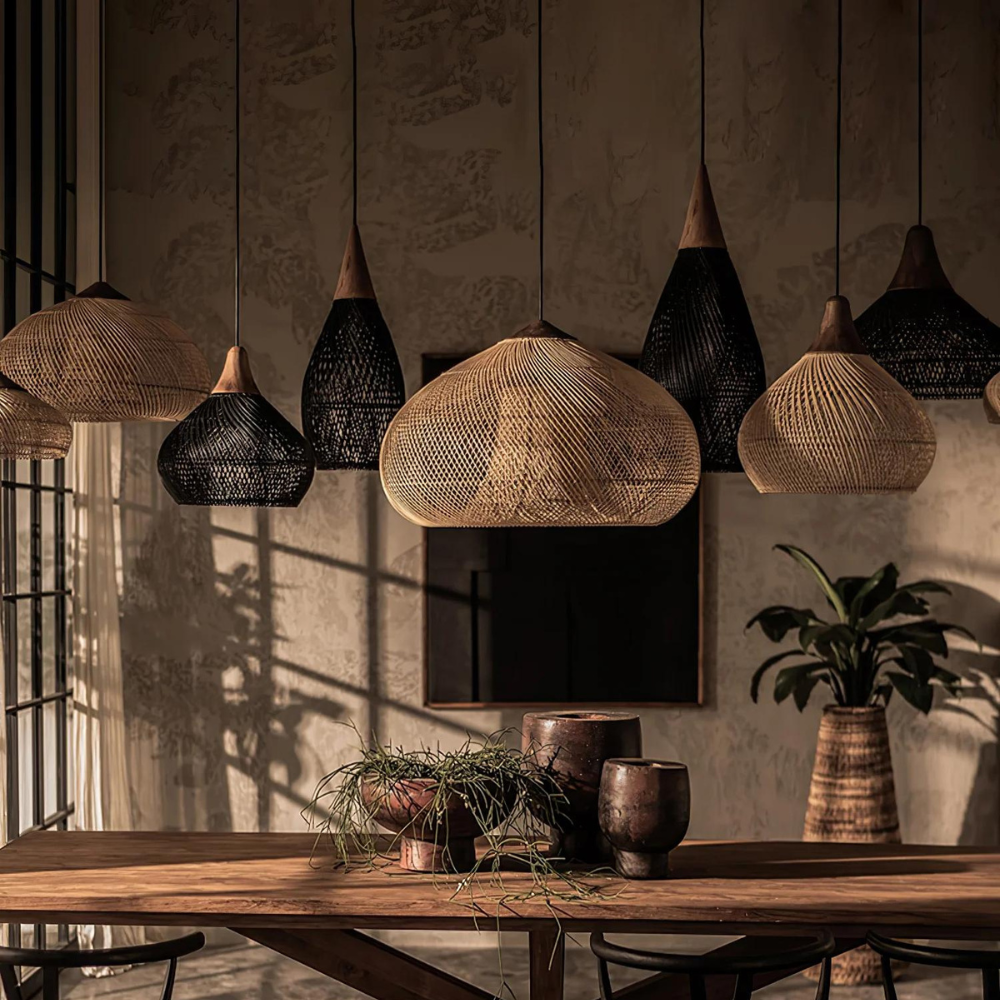 Rattan Hängelampe Natur, Boho Pendelleuchte Geflochten E27