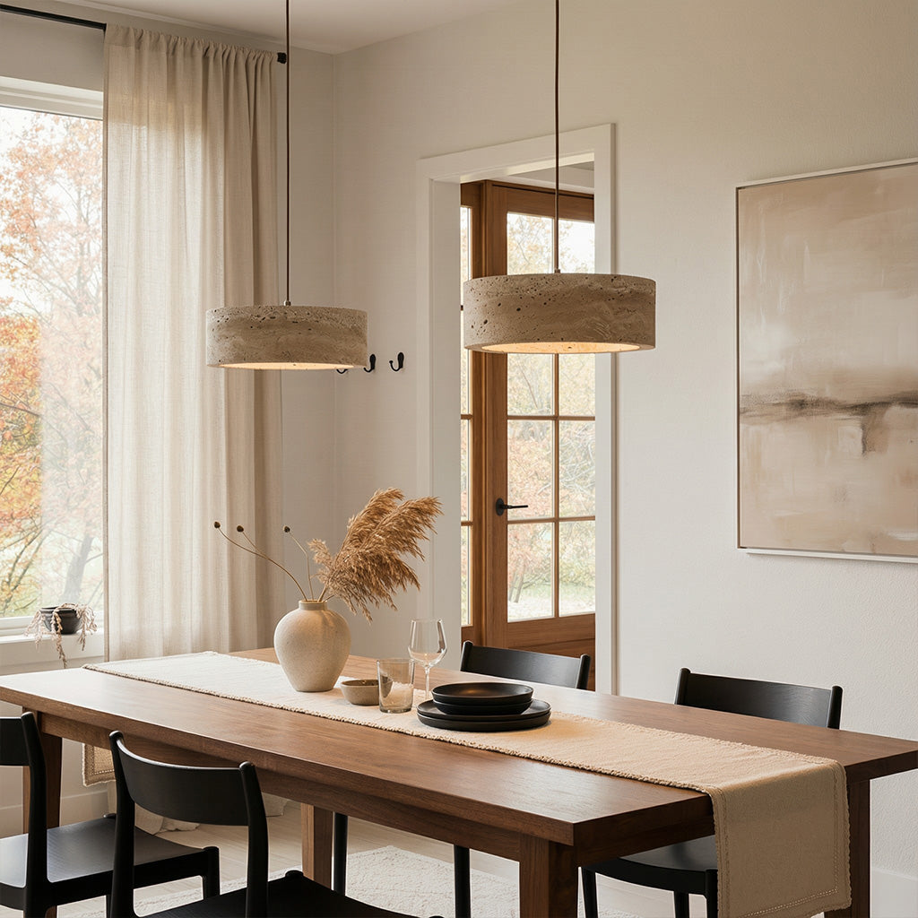 Travertin Pendelleuchte Naturstein, Wabi Sabi Design Höhenverstellbar