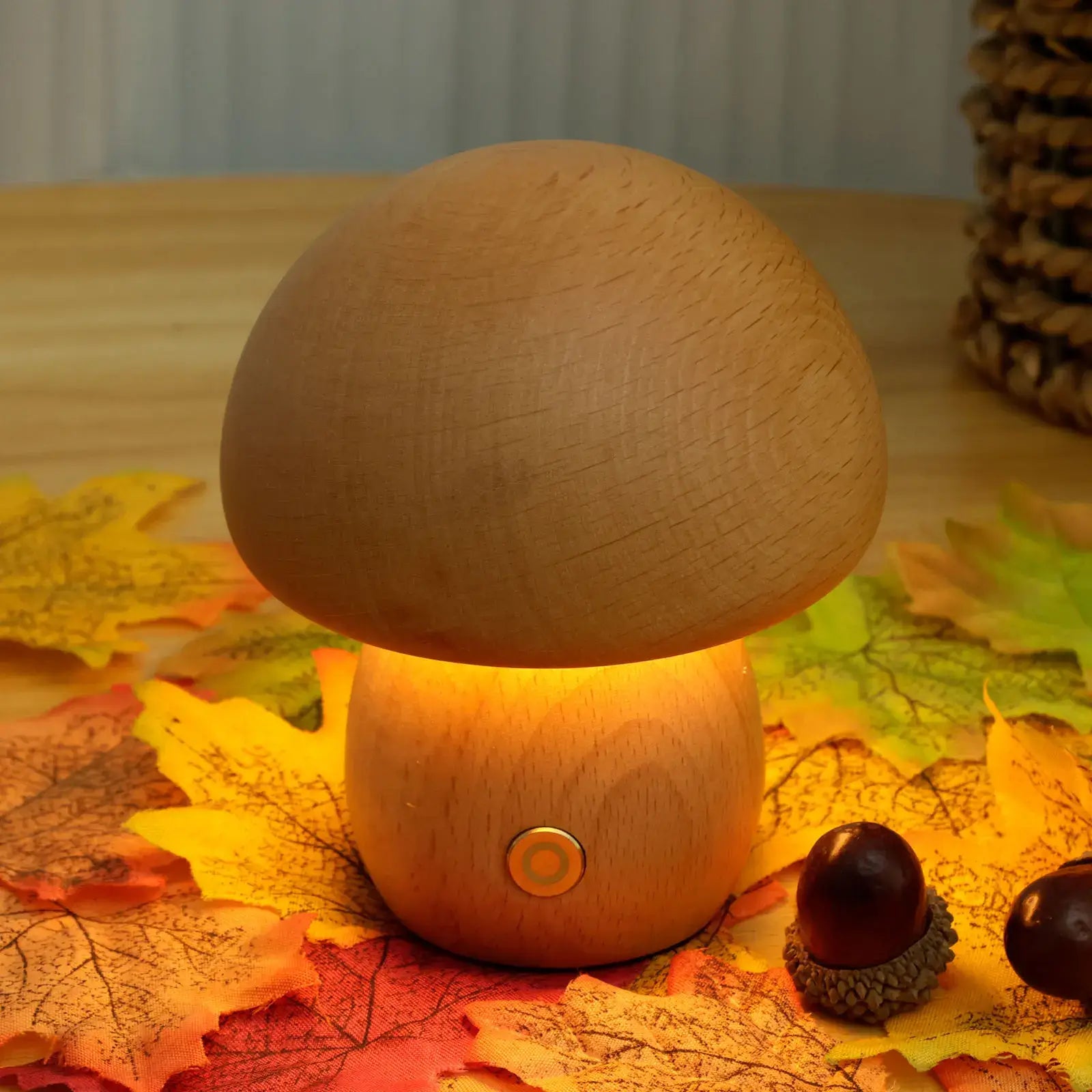 LED Pilz Tischlampe Holz, Dimmbar, Kabellos, Akku, USB