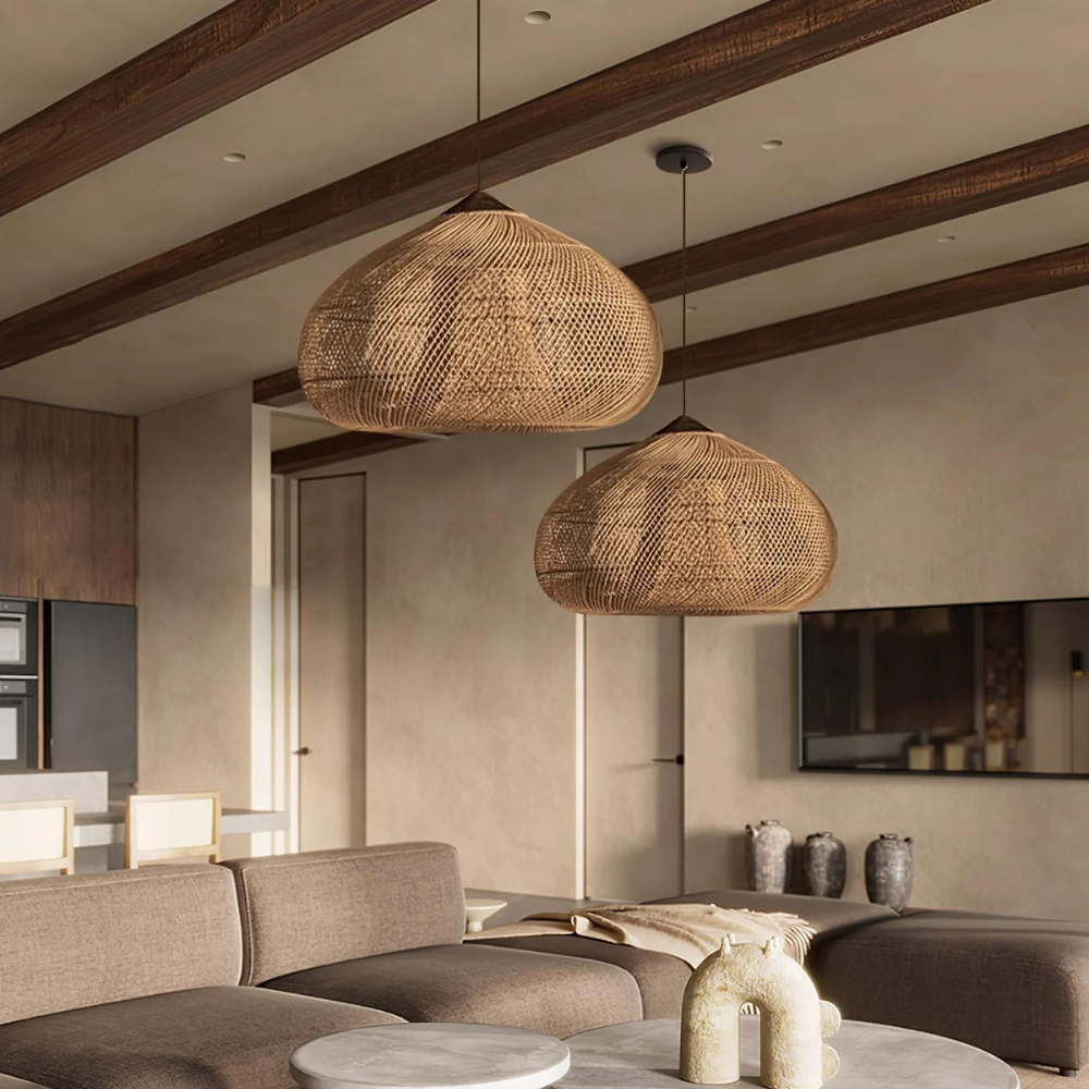 Rattan Hängelampe Natur, Boho Pendelleuchte Geflochten E27