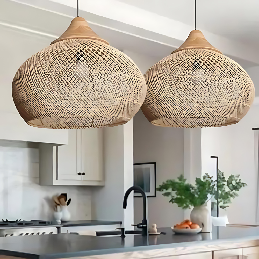 Rattan Deckenleuchte Boho, Große Deckenlampe natur