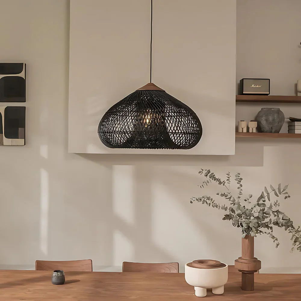 Rattan Hängelampe Natur, Boho Pendelleuchte Geflochten E27