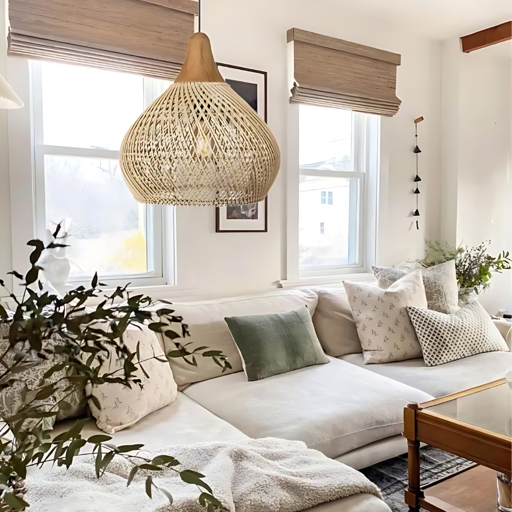 Rattan Deckenleuchte Boho, Große Deckenlampe natur