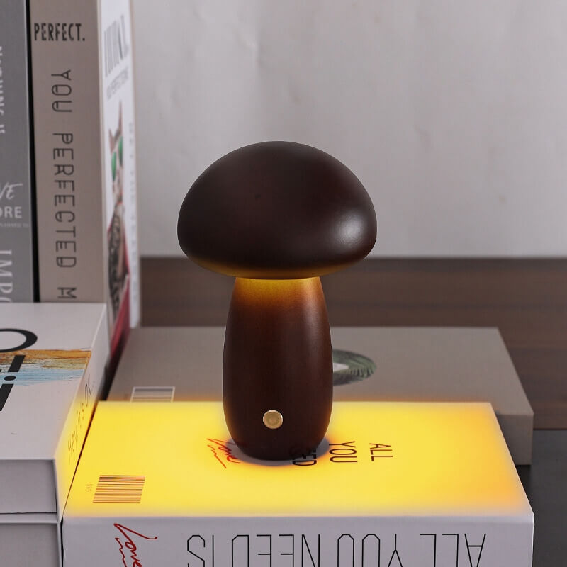 LED Pilz Tischlampe Holz, Dimmbar, Kabellos, Akku, USB