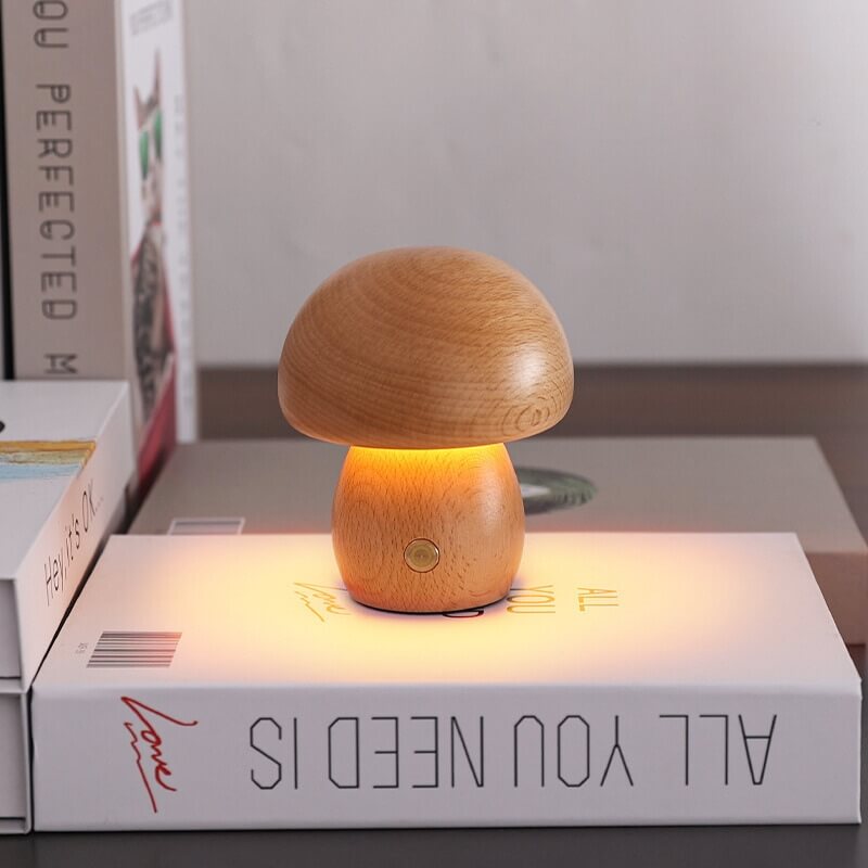 LED Pilz Tischlampe Holz, Dimmbar, Kabellos, Akku, USB