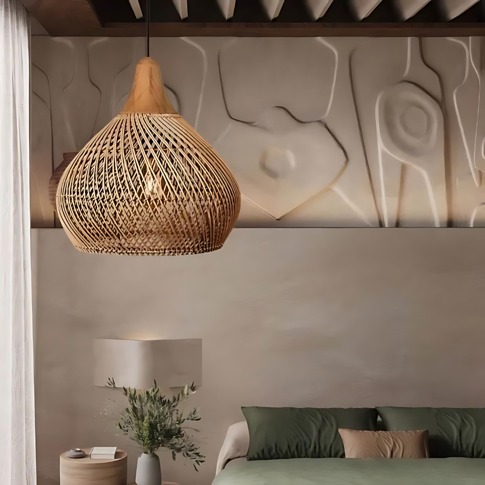 Rattan Deckenleuchte Boho, Große Deckenlampe natur