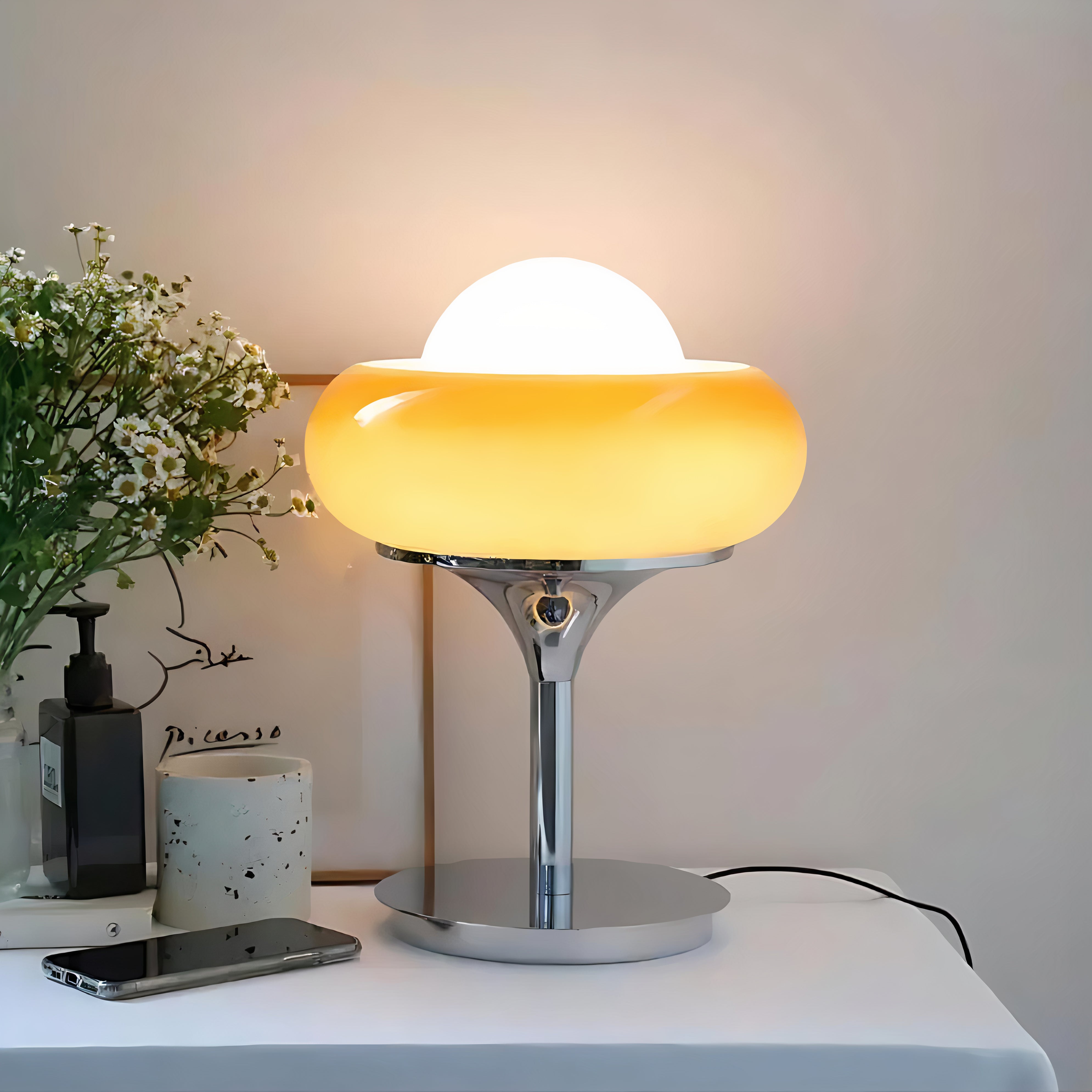 Bauhaus Tischlampe Glas Metall, Moderne Design Tischleuchte