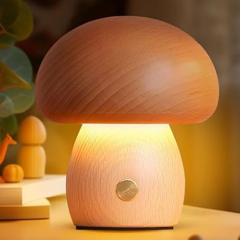 LED Pilz Tischlampe Holz, Dimmbar, Kabellos, Akku, USB