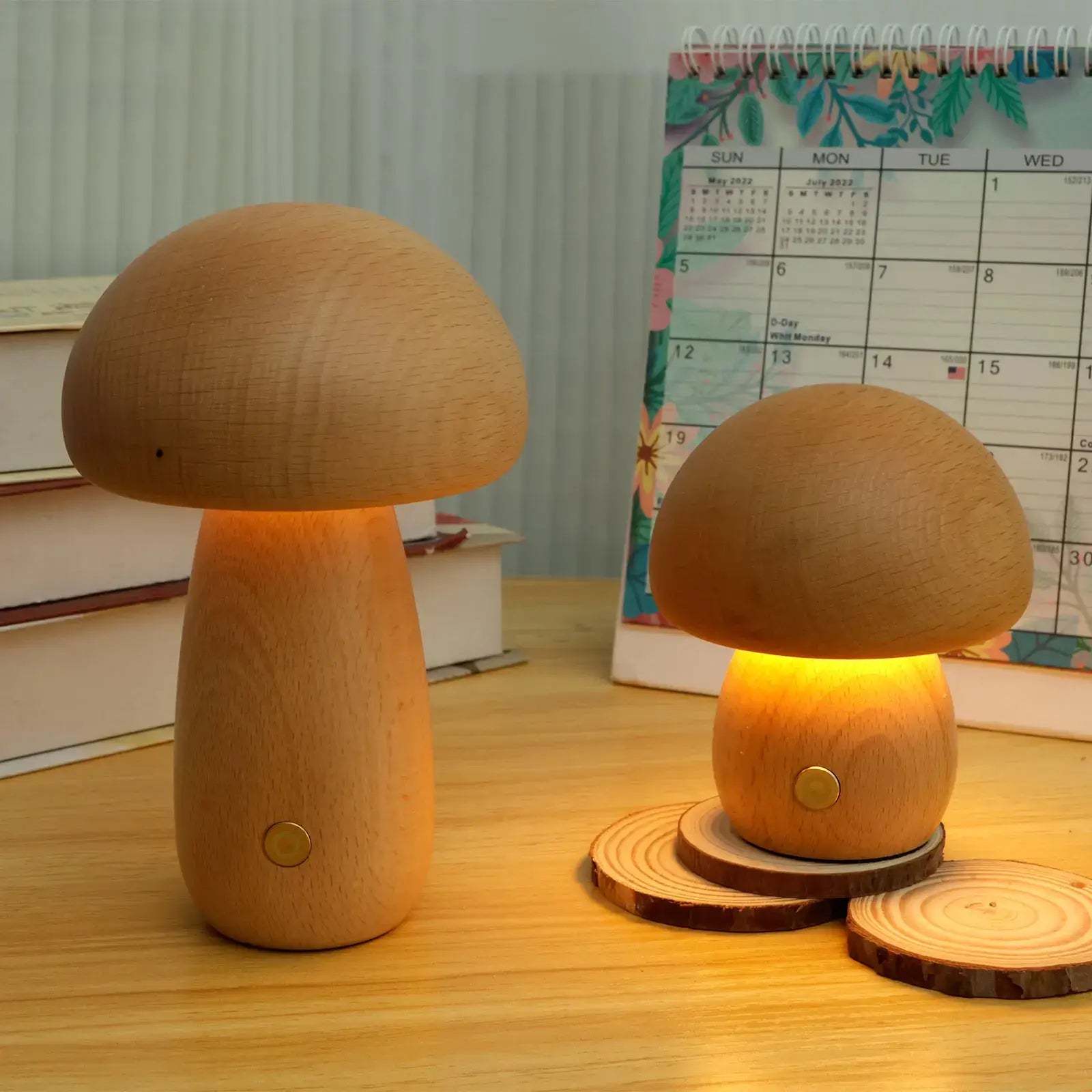 LED Pilz Tischlampe Holz, Dimmbar, Kabellos, Akku, USB