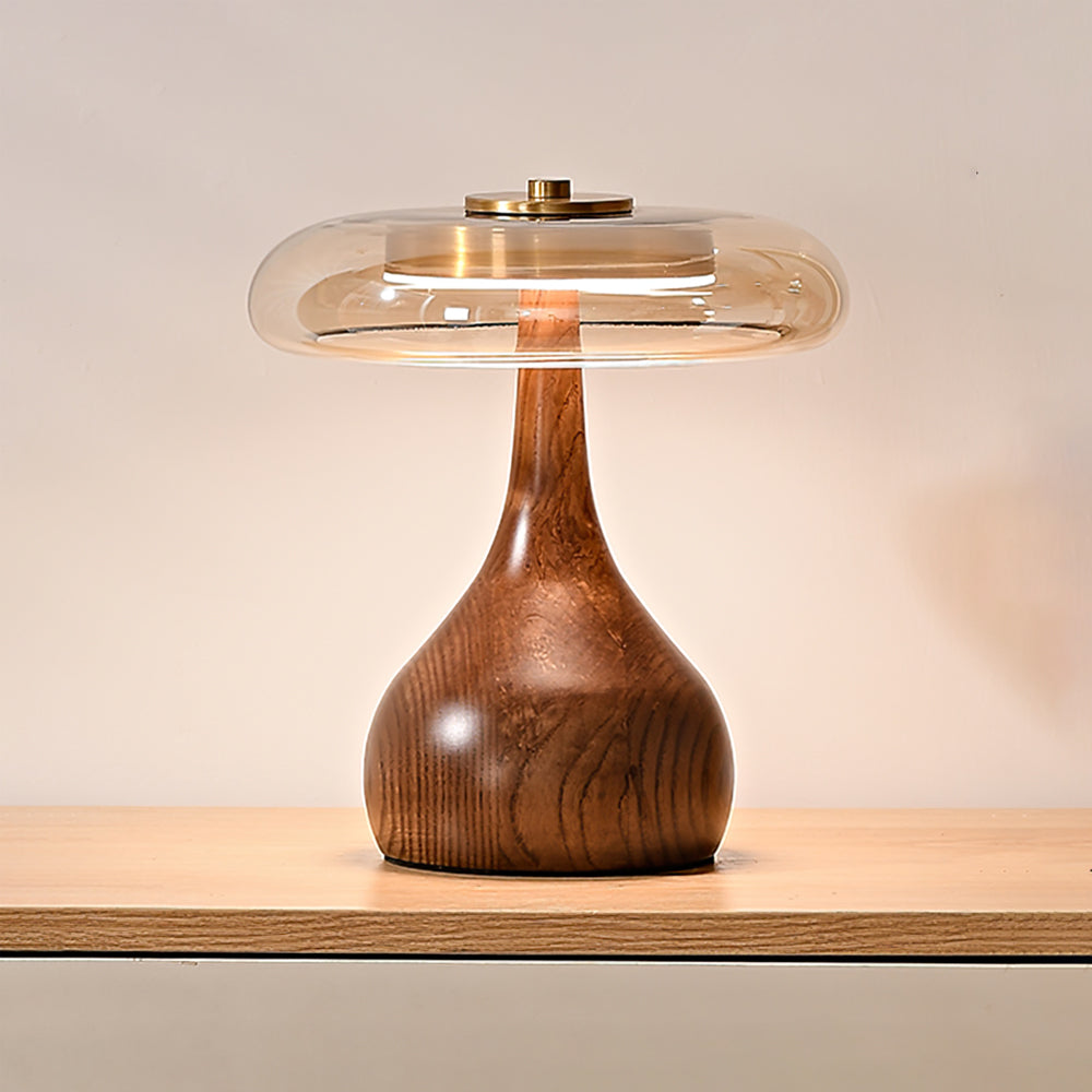 Glas Tischlampe Messing Holz, Nachttischlampe LED modern