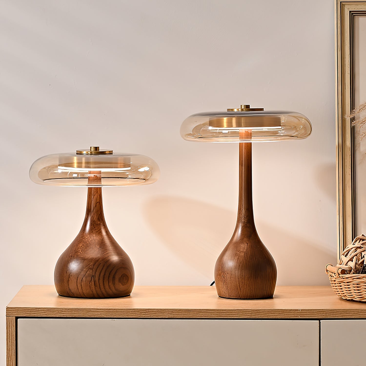 Glas Tischlampe Messing Holz, Nachttischlampe LED modern