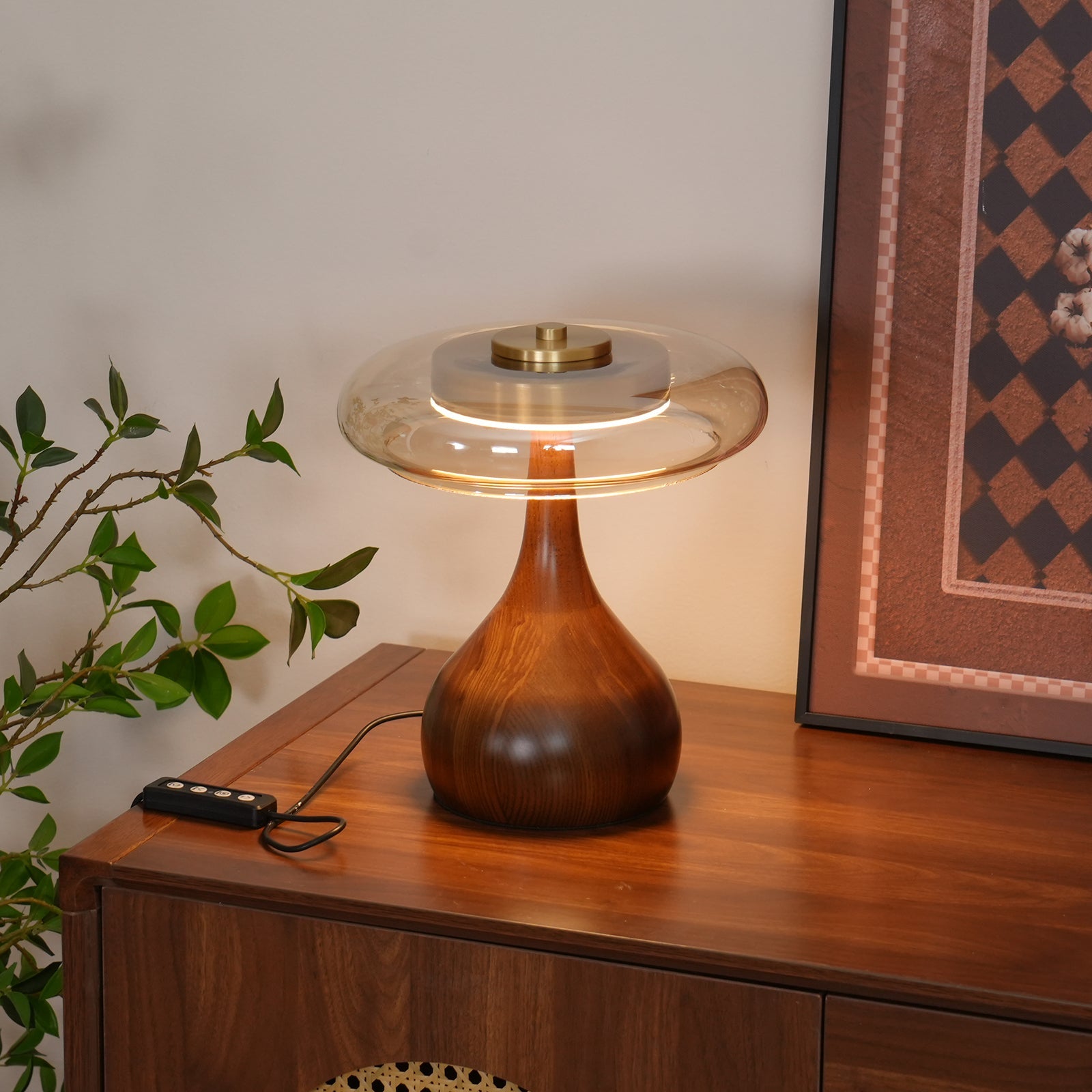 Glas Tischlampe Messing Holz, Nachttischlampe LED modern