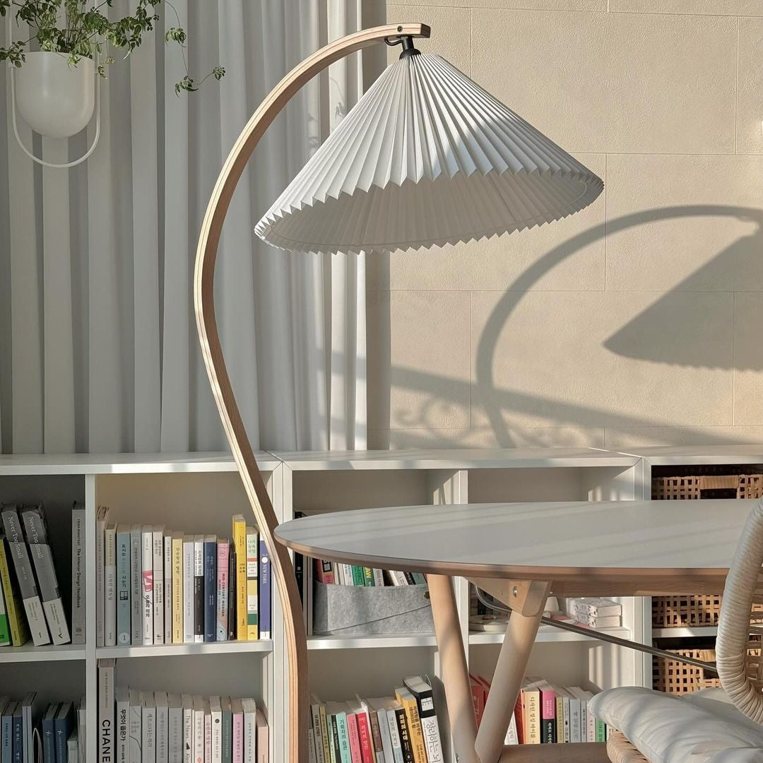 Bogen Stehlampe Holz Stoff, Skandinavische Stehleuchte E27