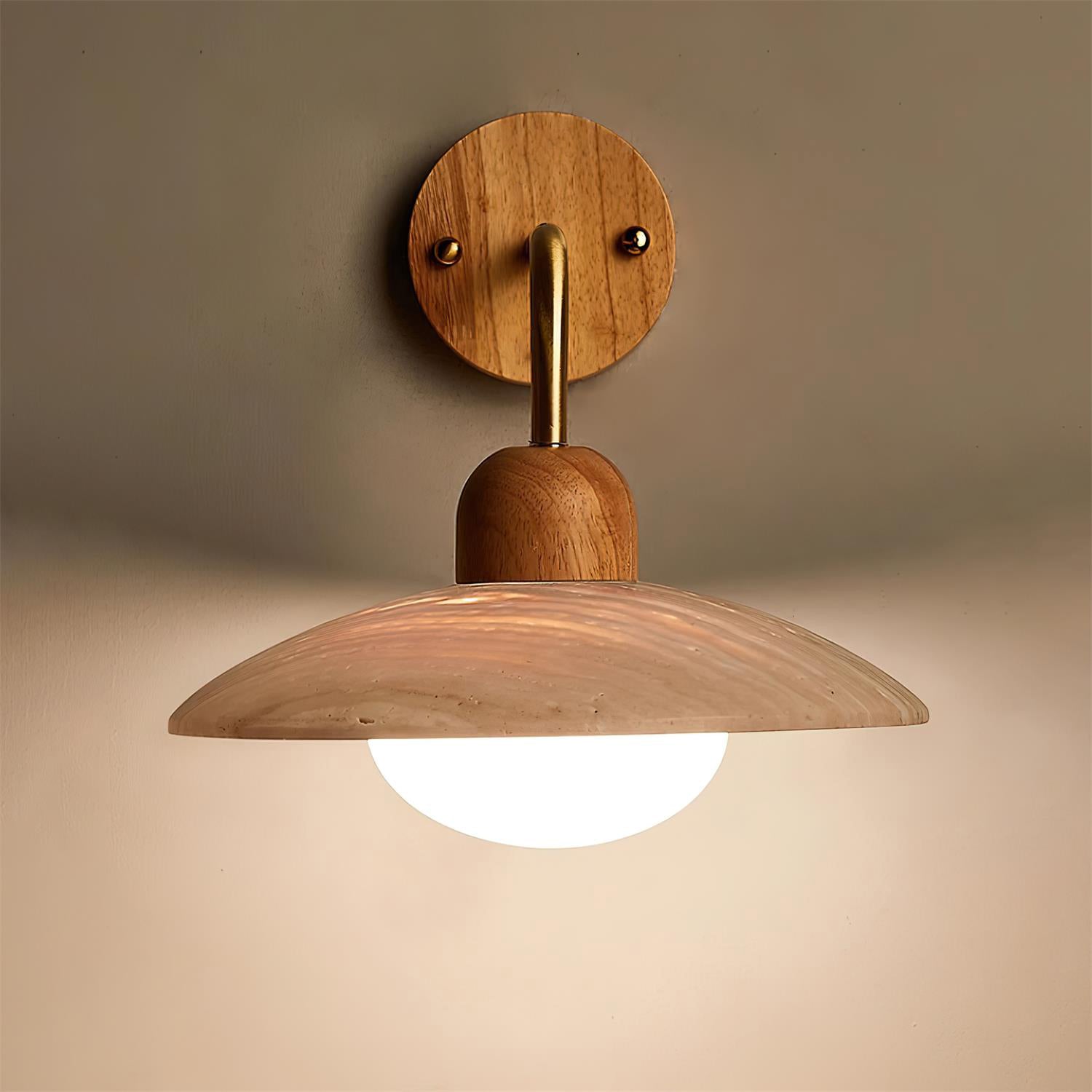 Wandleuchte Travertin Stein, Design Wandlampe Holz Messing G9