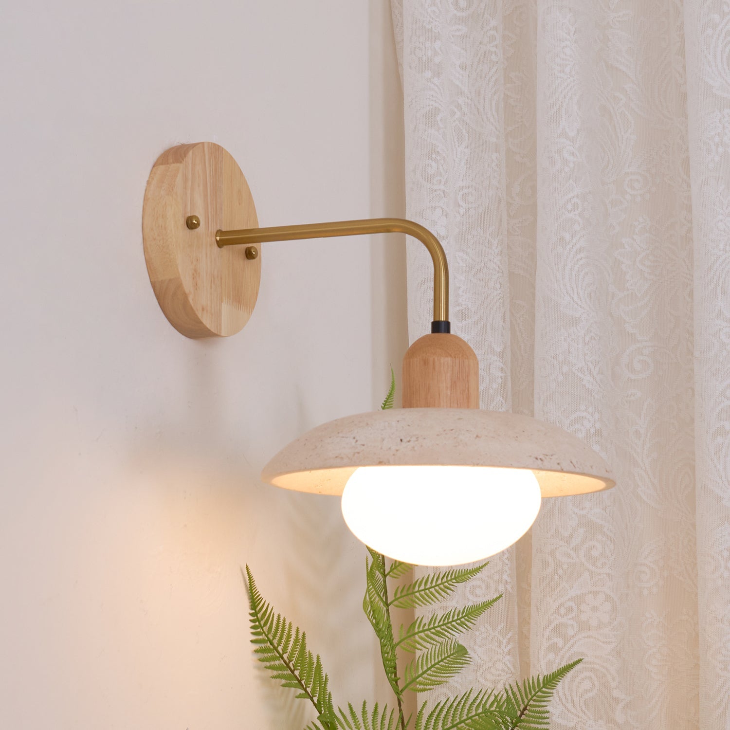 Wandleuchte Travertin Stein, Design Wandlampe Holz Messing G9