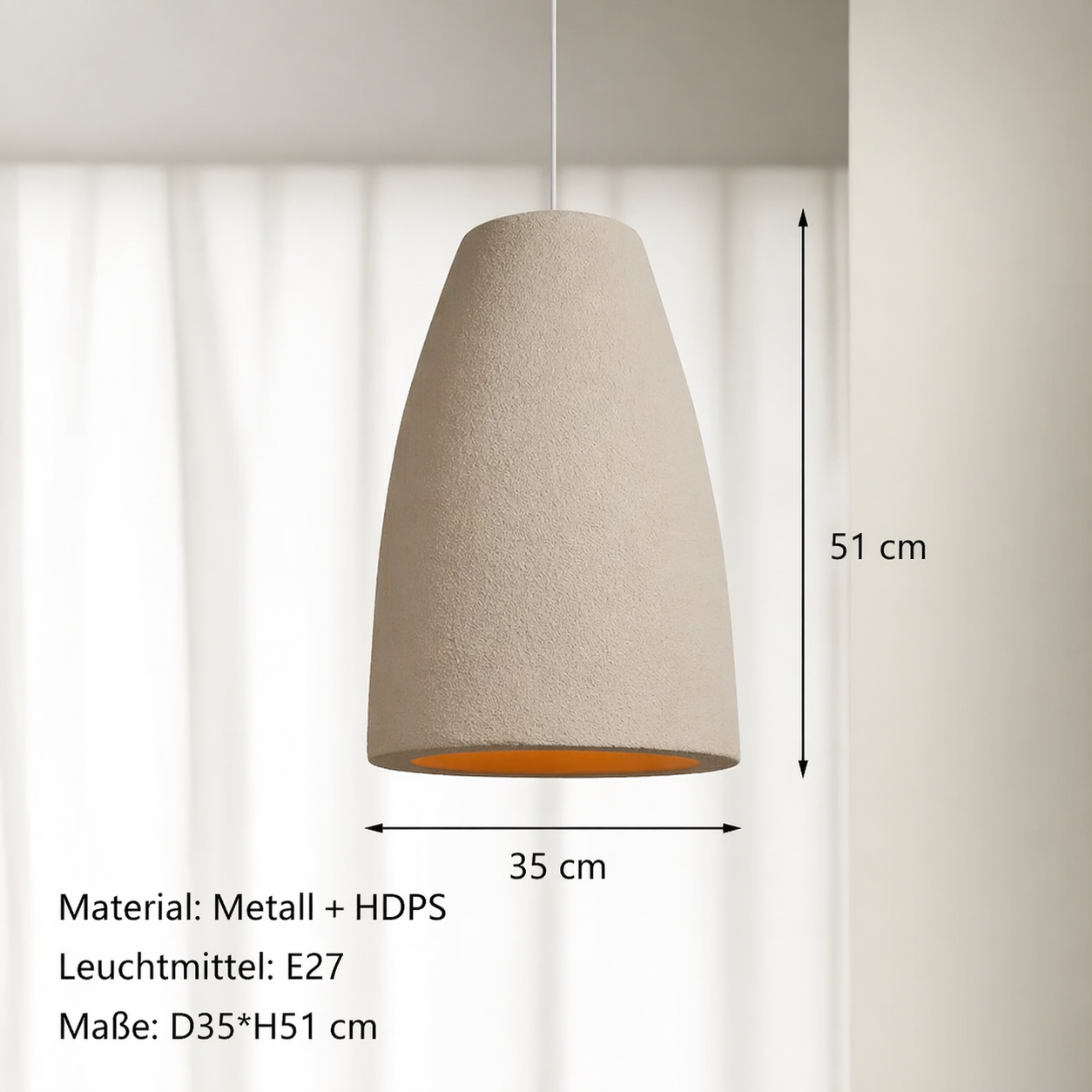 Moderne Hängelampe Kegel Sand, Skandinavische Design Pendelleuchte Ø35 cm