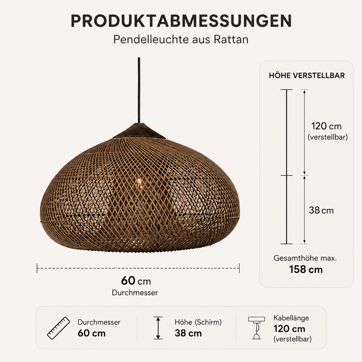 Rattan Hängelampe Natur, Boho Pendelleuchte Geflochten E27