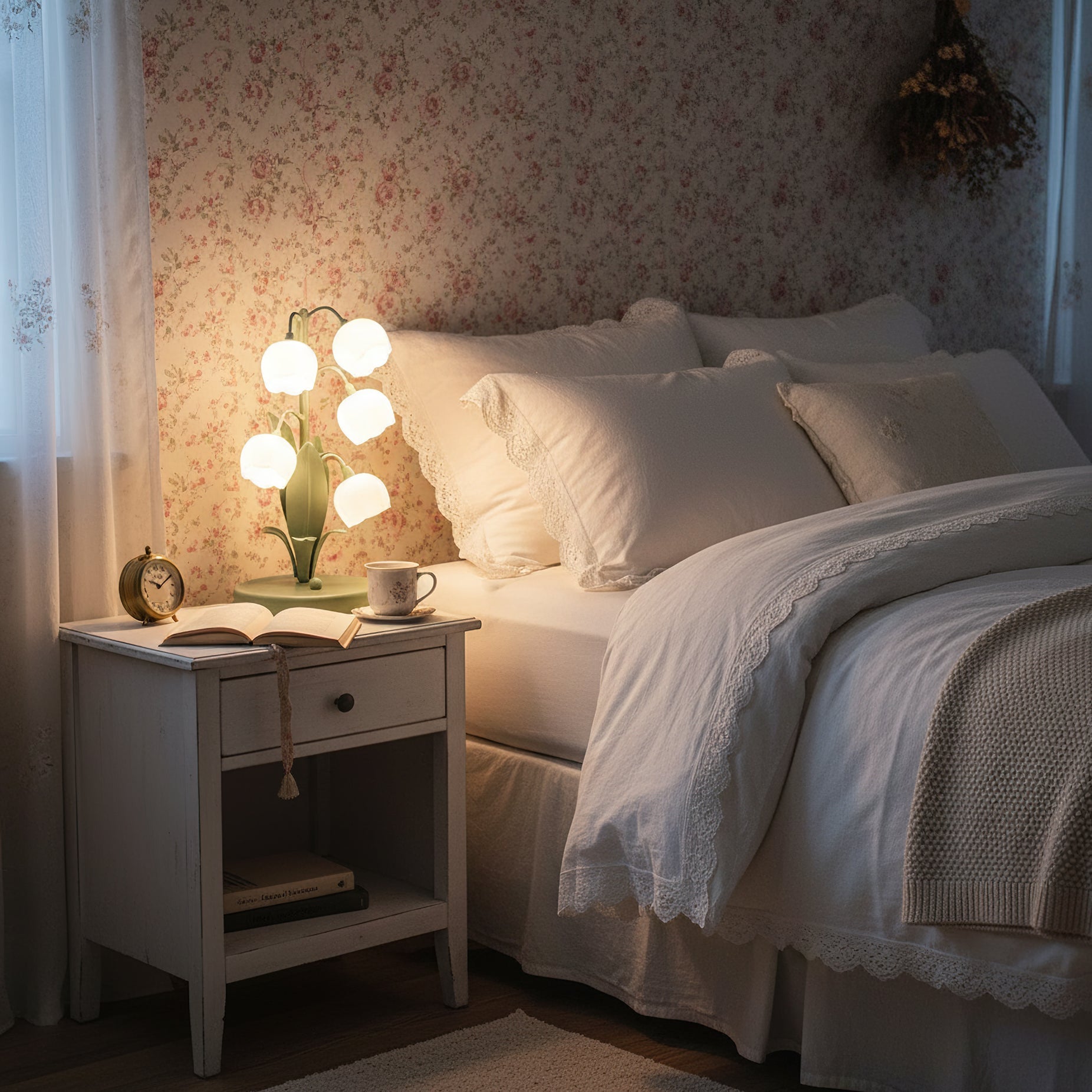 Tischlampe Blume Grün Metall, LED Nachttischlampe Orchidee Design