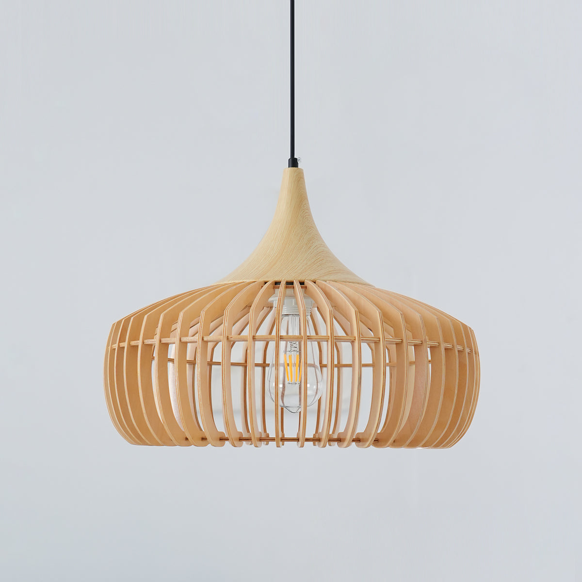 Holz Pendelleuchte Walnuss, Rundes Vintage Design, Dimmbar E27