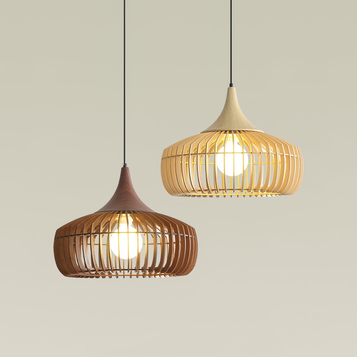 Holz Pendelleuchte Walnuss, Rundes Vintage Design, Dimmbar E27