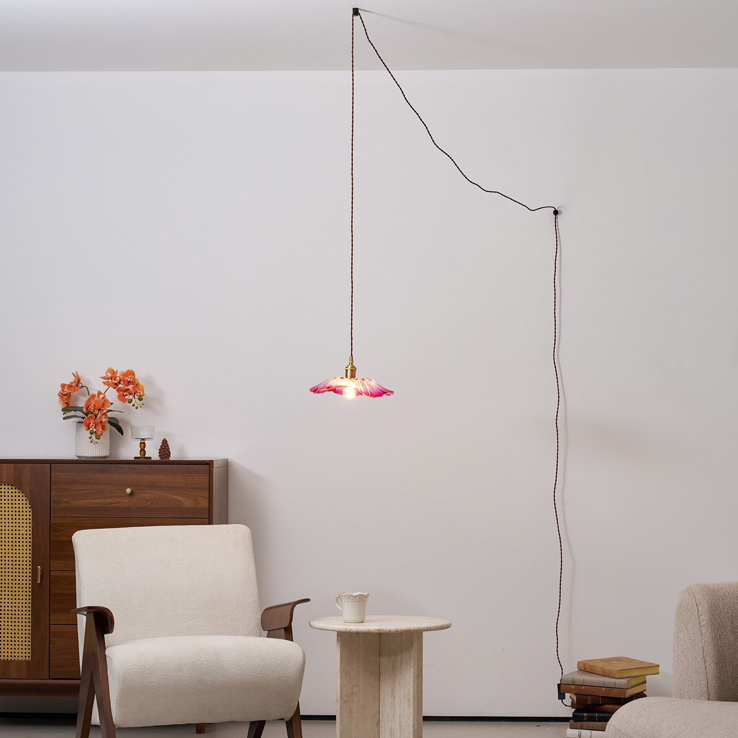 Pendelleuchte Glas Blumenform, Kupfer Design Dimmbar mit Stecker