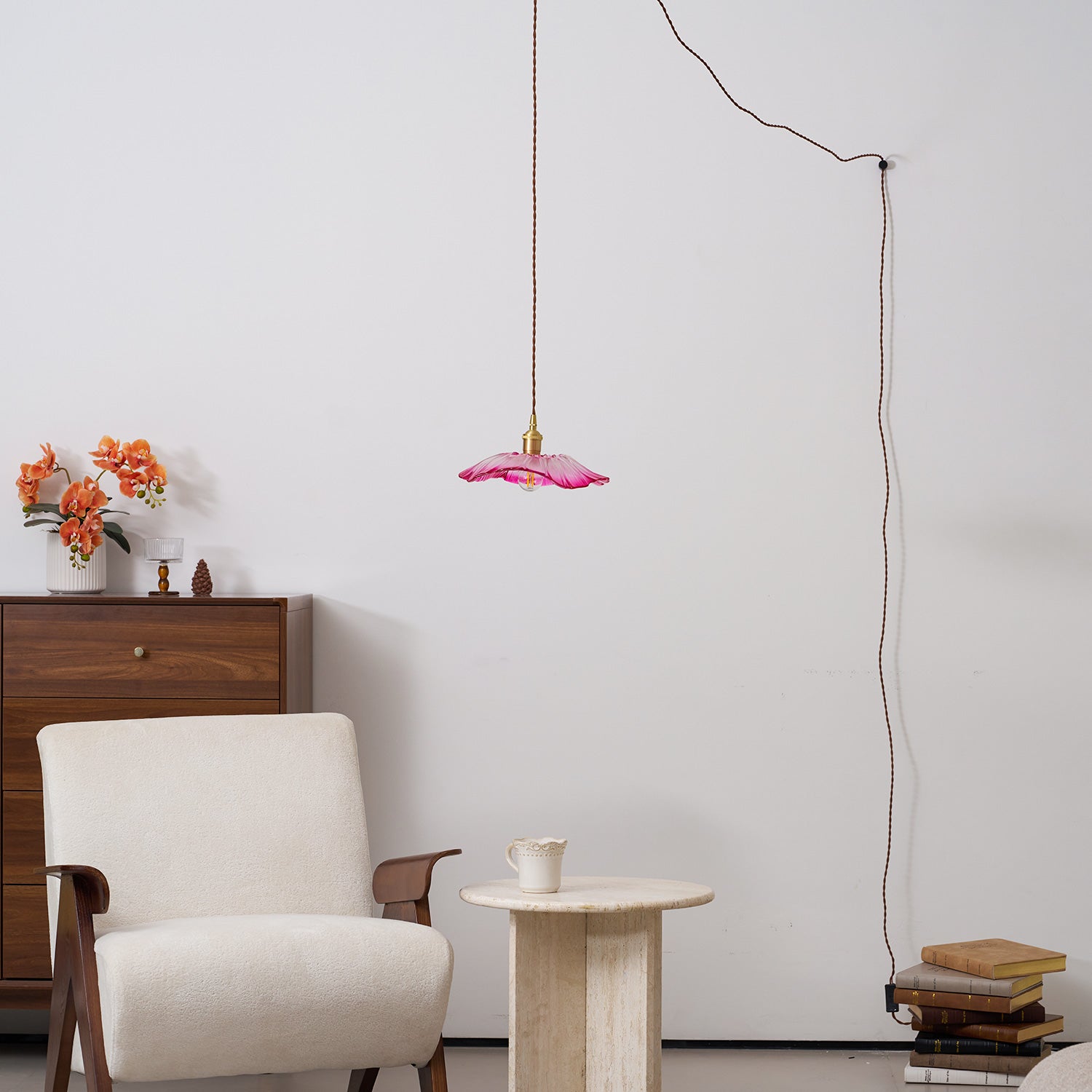 Pendelleuchte Glas Blumenform, Kupfer Design Dimmbar mit Stecker