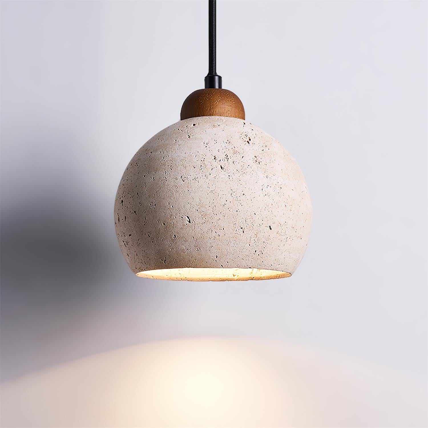 Travertin Pendelleuchte Rund Ø20 cm, Naturstein mit Holz Dimmbar