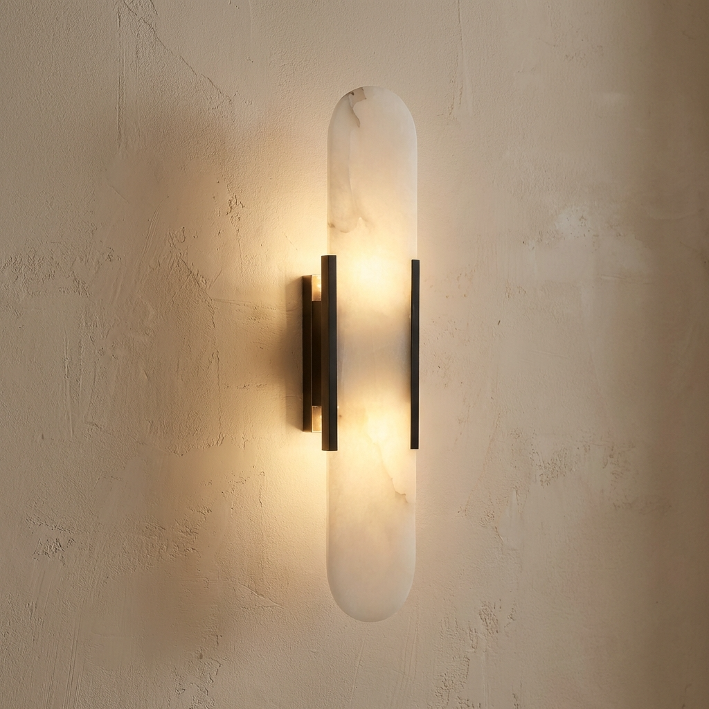 Alabaster Wandleuchte Messing, Handgefertigtes Design Warmweiß