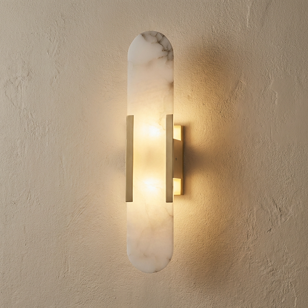 Alabaster Wandleuchte Messing, Handgefertigtes Design Warmweiß
