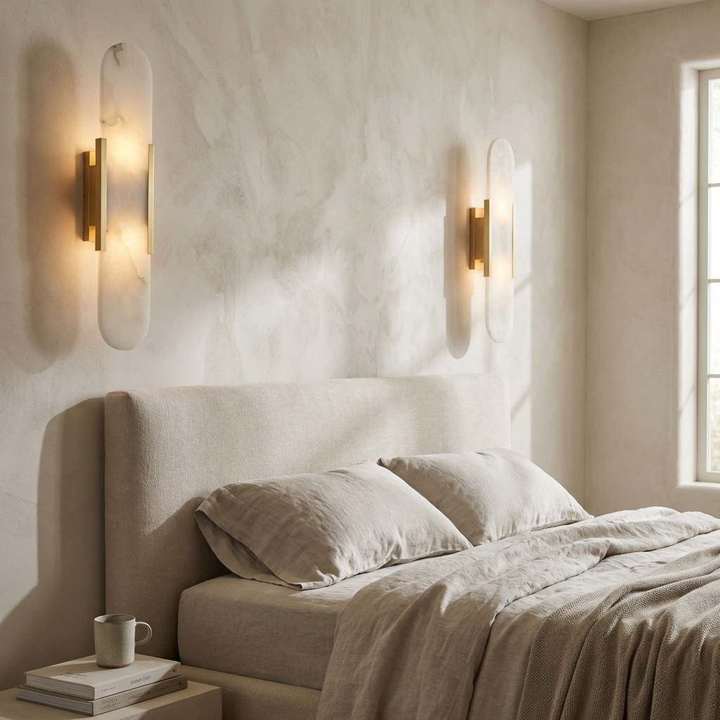Alabaster Wandleuchte Messing, Handgefertigtes Design Warmweiß