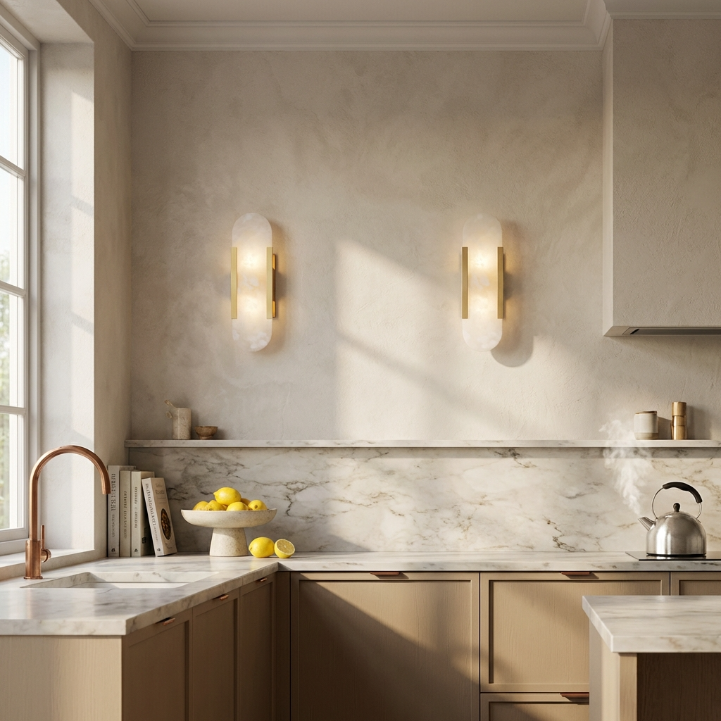 Alabaster Wandleuchte Messing, Handgefertigtes Design Warmweiß