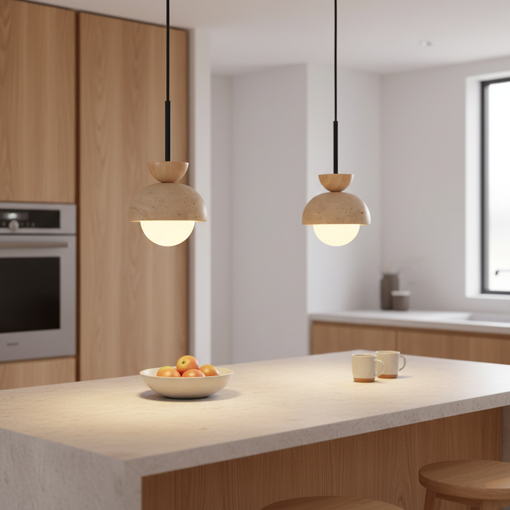 Travertin Pendelleuchte Massivholz Glas, Kugel Design Dimmbar Warmweiß