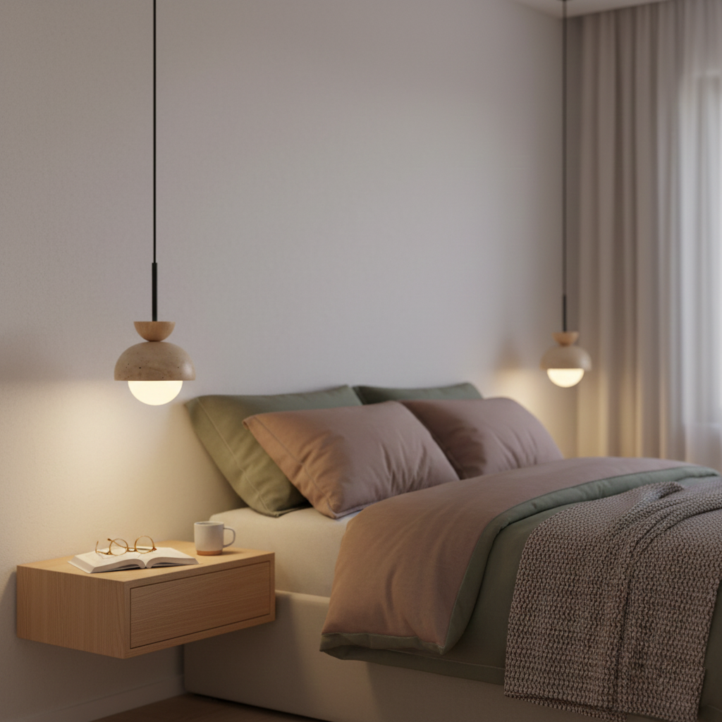 Travertin Pendelleuchte Massivholz Glas, Kugel Design Dimmbar Warmweiß