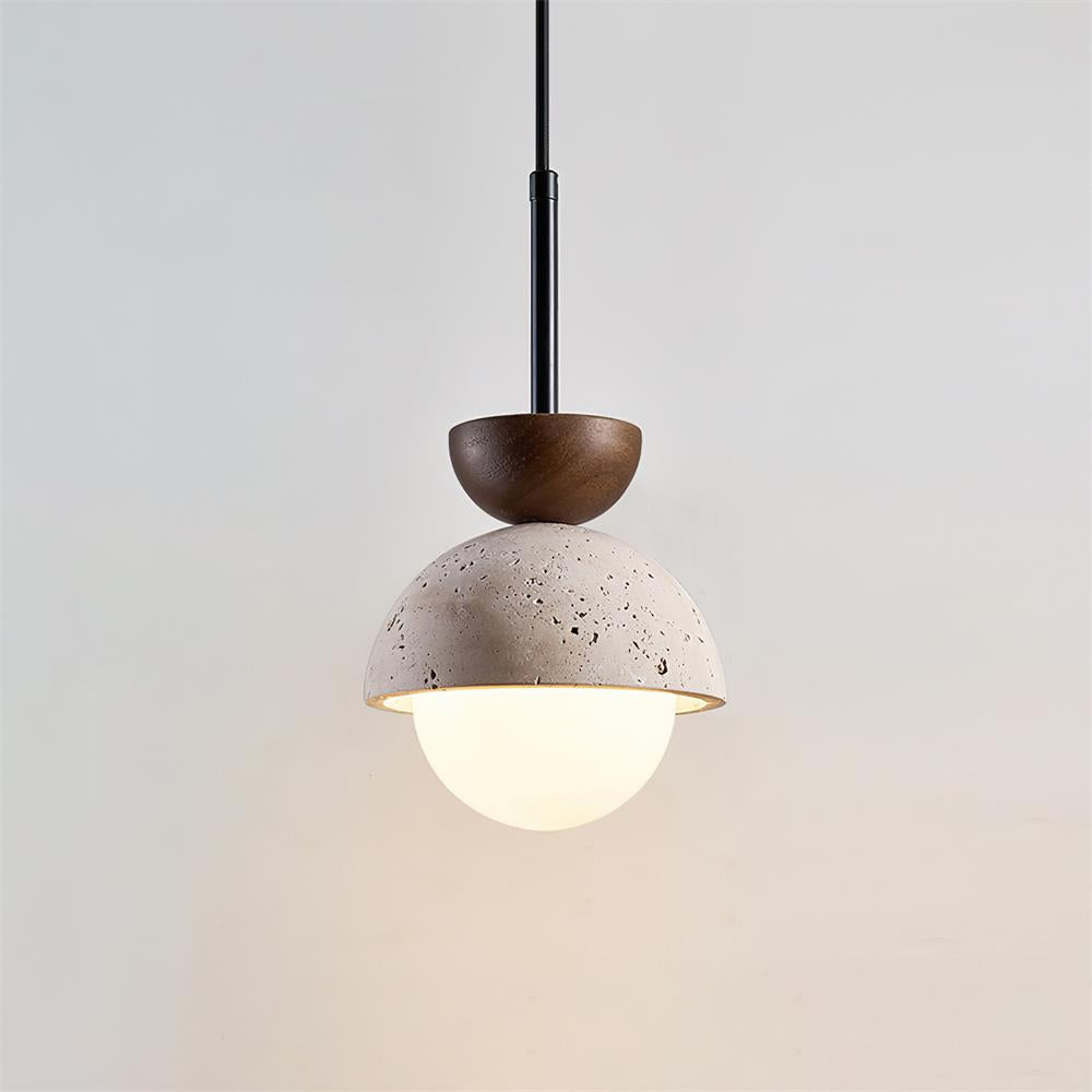 Travertin Pendelleuchte Massivholz Glas, Kugel Design Dimmbar Warmweiß