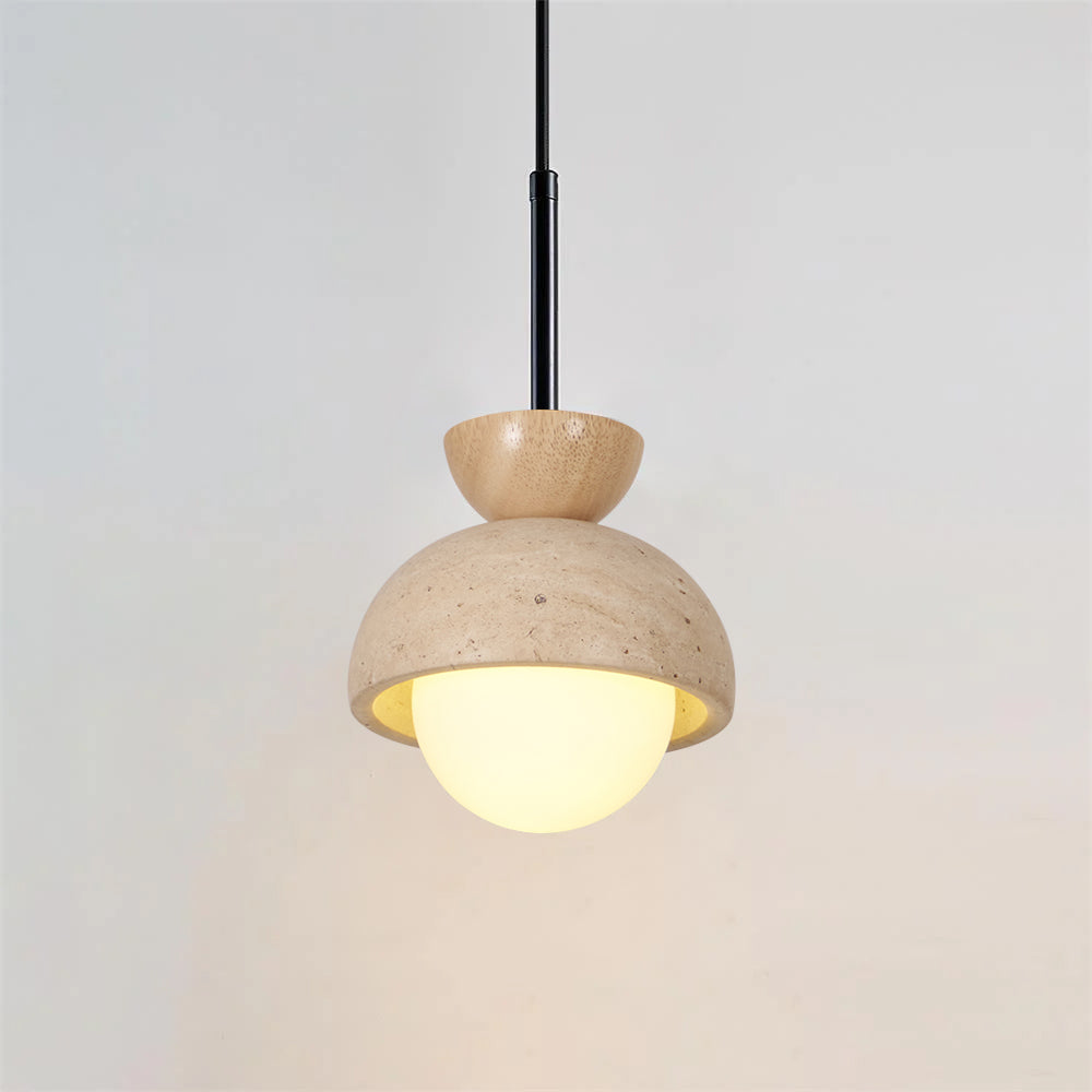 Travertin Pendelleuchte Massivholz Glas, Kugel Design Dimmbar Warmweiß