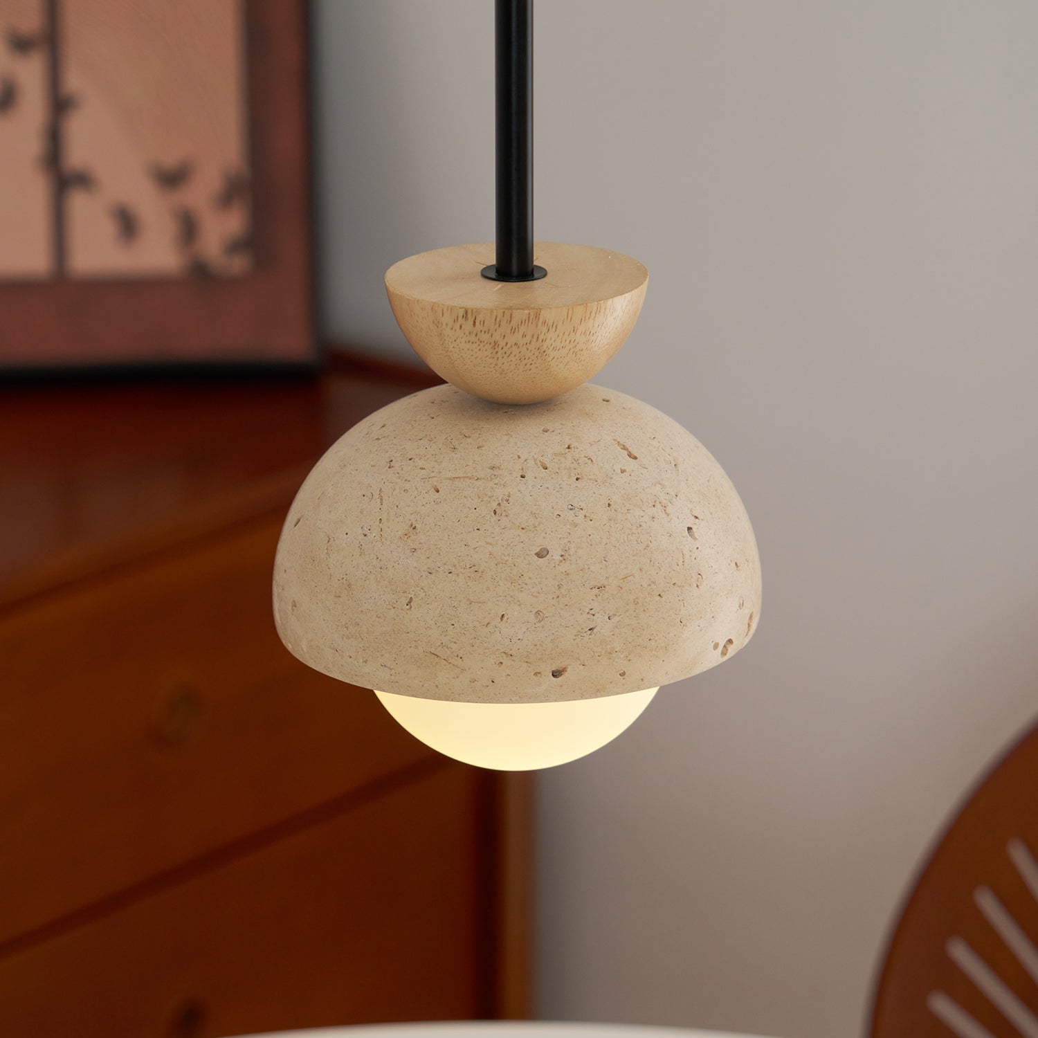 Travertin Pendelleuchte Massivholz Glas, Kugel Design Dimmbar Warmweiß