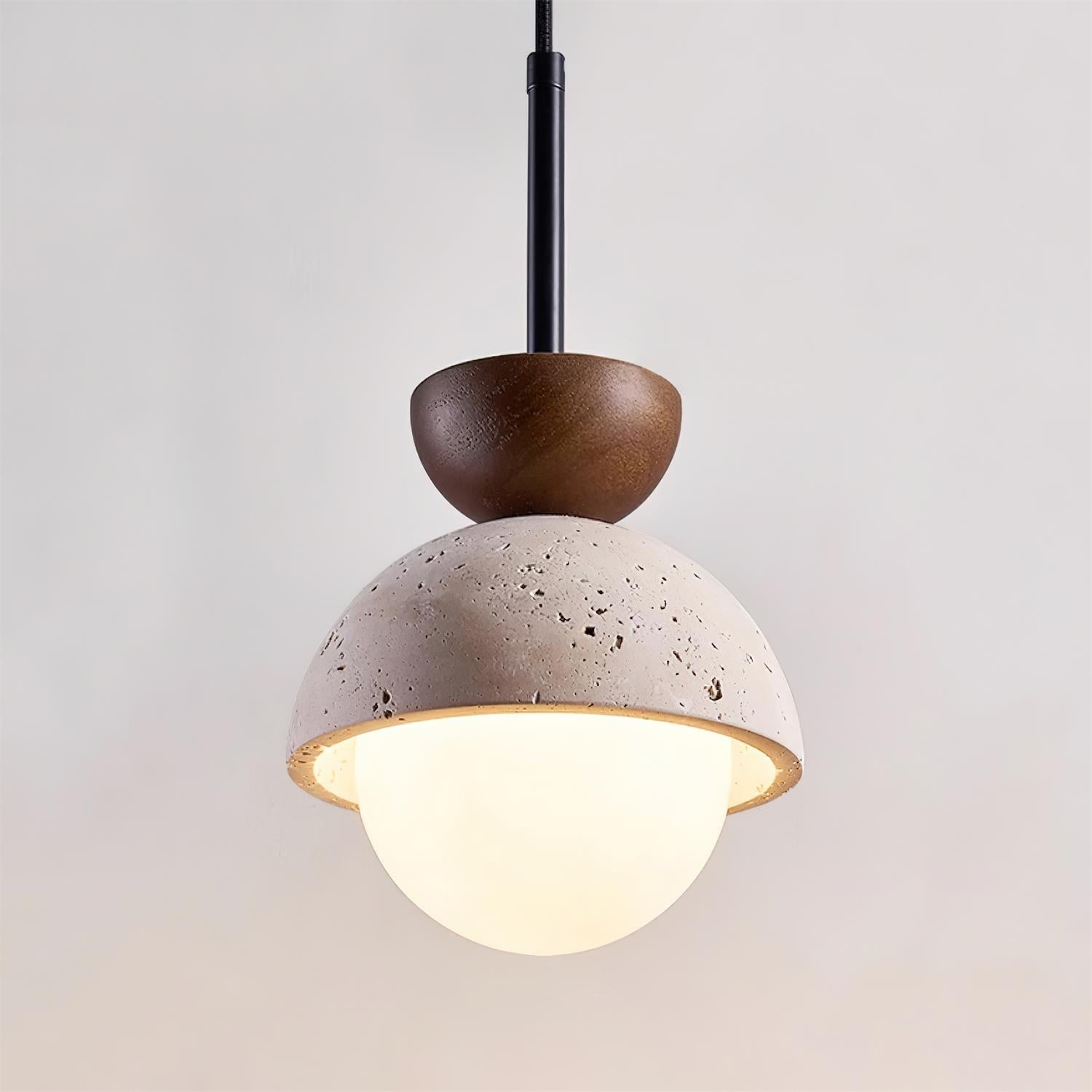Travertin Pendelleuchte Massivholz Glas, Kugel Design Dimmbar Warmweiß