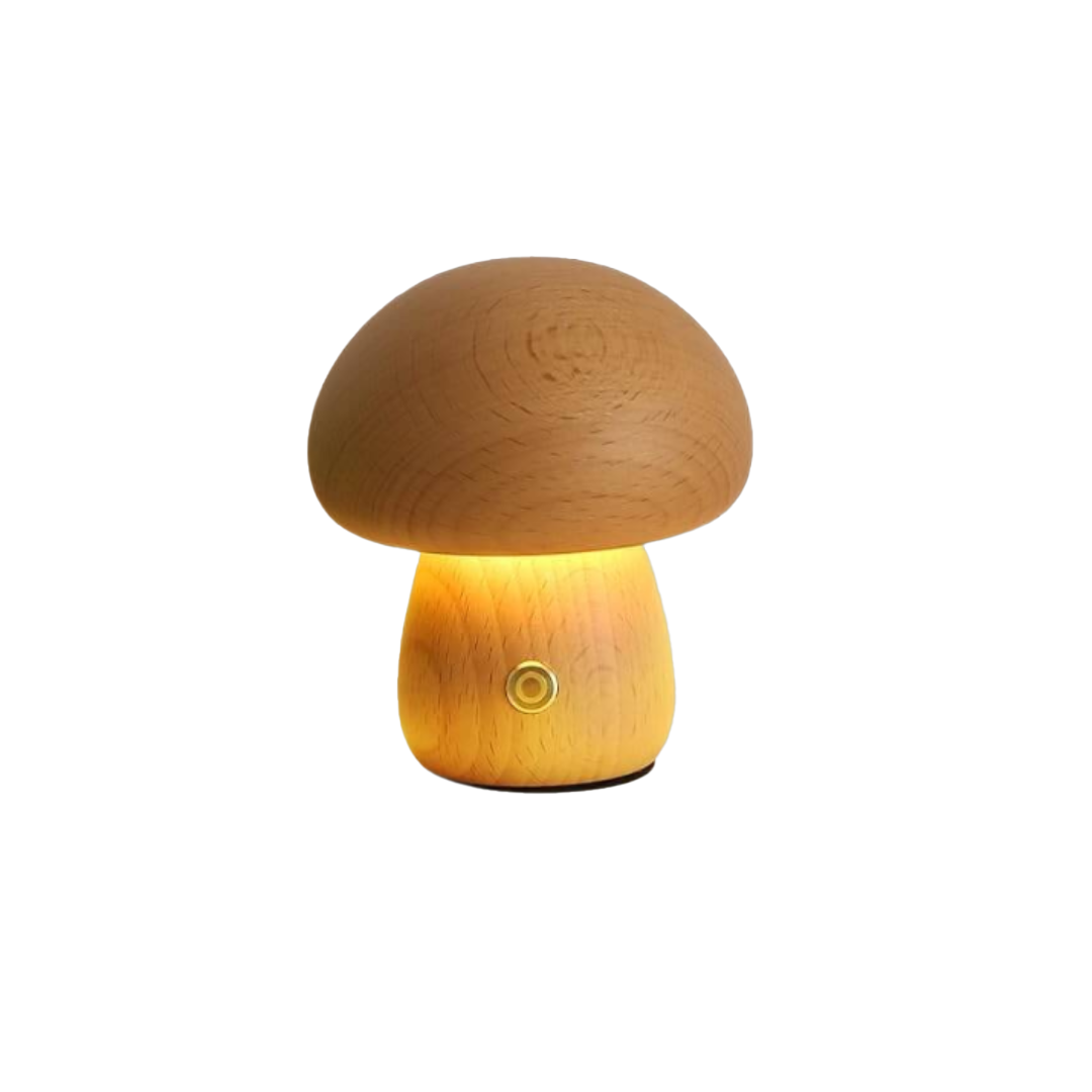 LED Pilz Tischlampe Holz, Dimmbar, Kabellos, Akku, USB