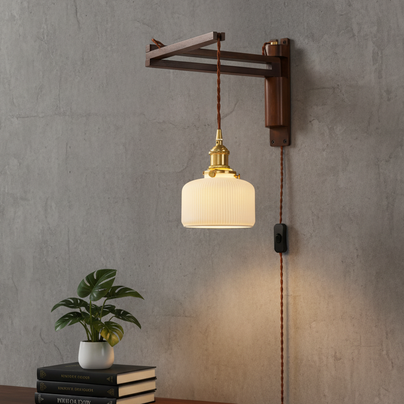 Vintage Wandlampe Plug In, Glas Messing Design Dimmbar