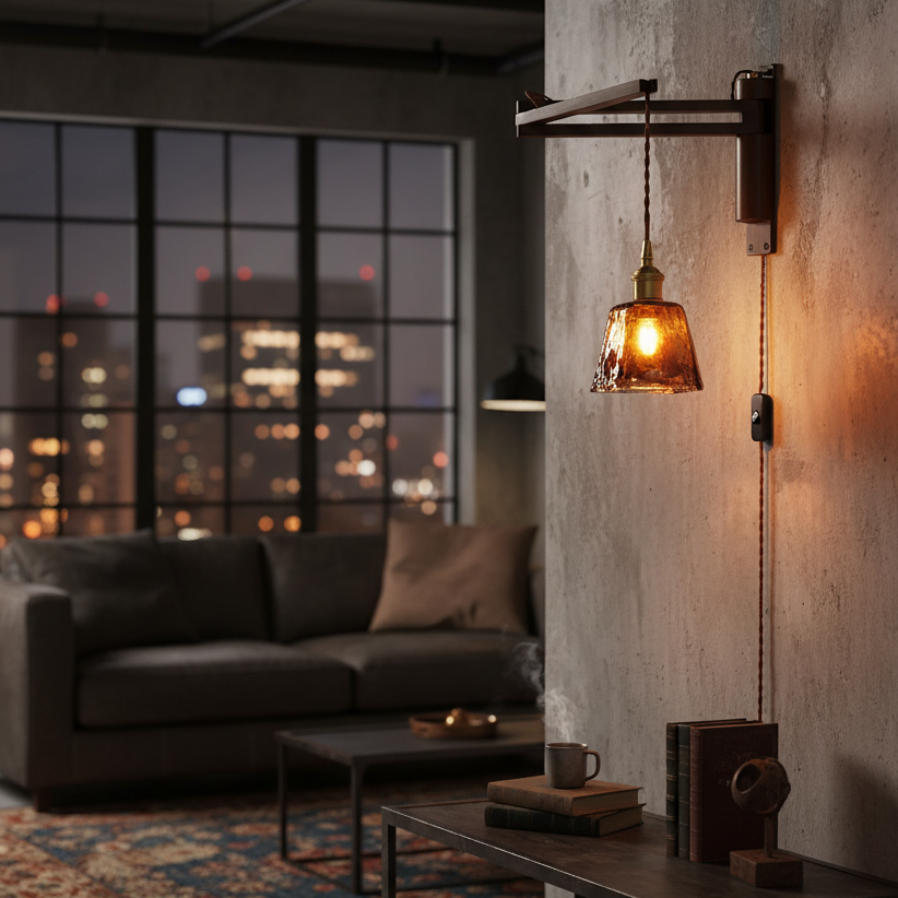 Vintage Wandlampe Plug In, Glas Messing Design Dimmbar