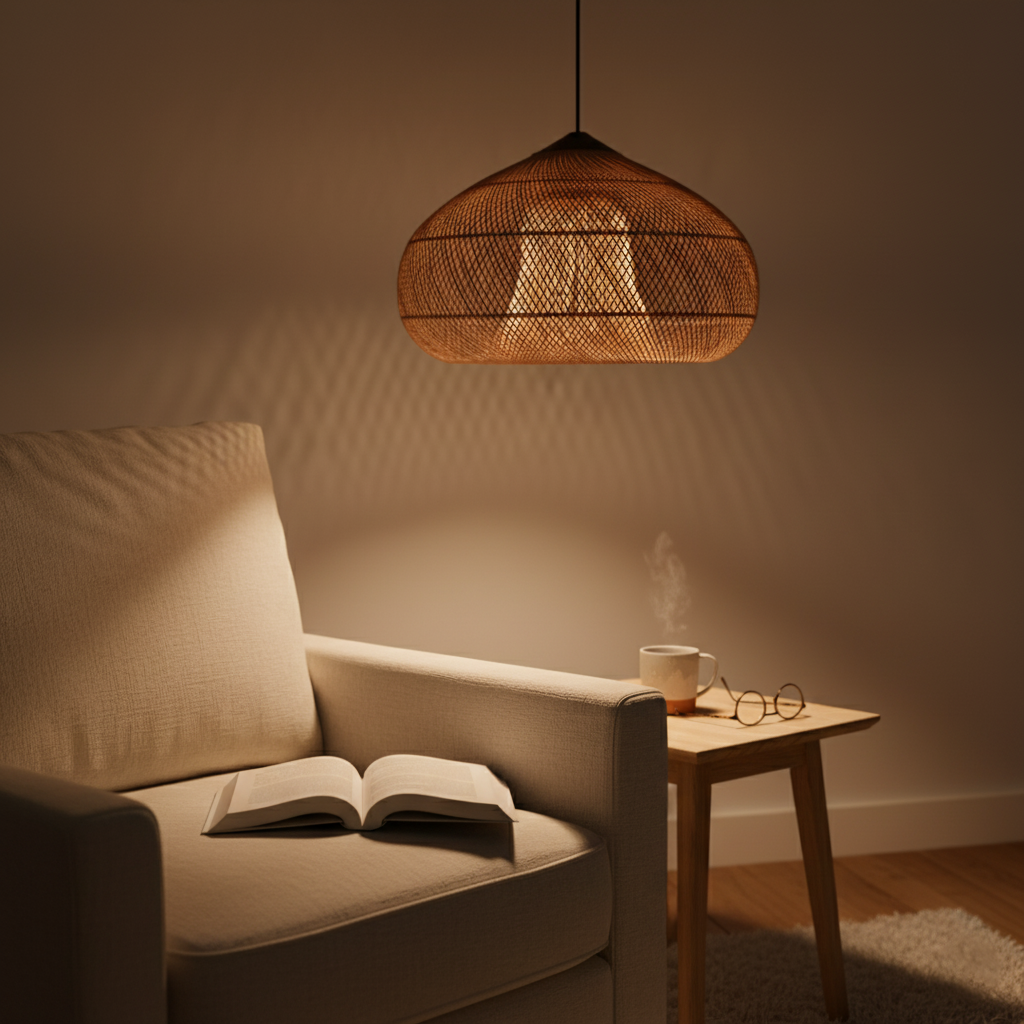 Rattan Hängelampe Natur, Boho Pendelleuchte Geflochten E27