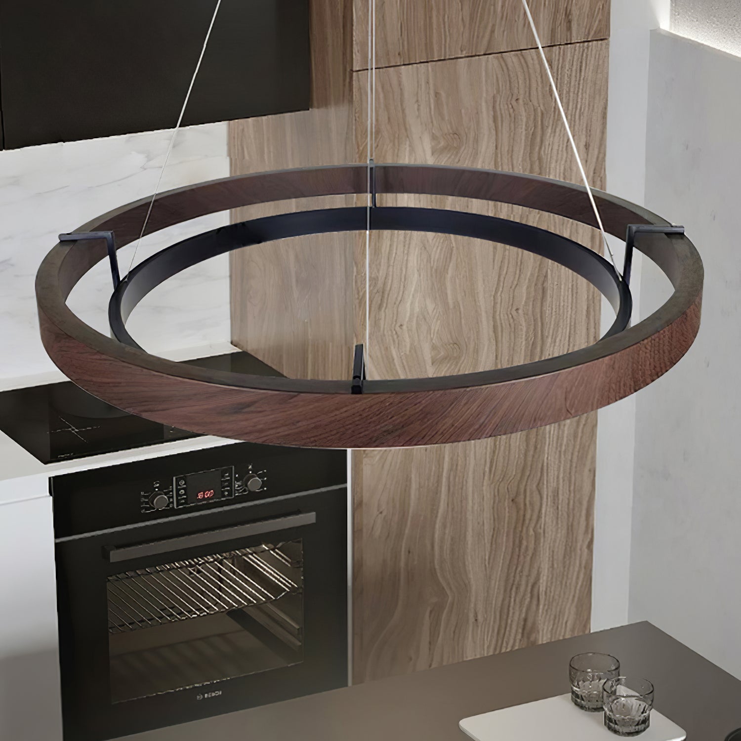 Pendelleuchte Walnuss Metall Ringförmig, Modernes LED Design