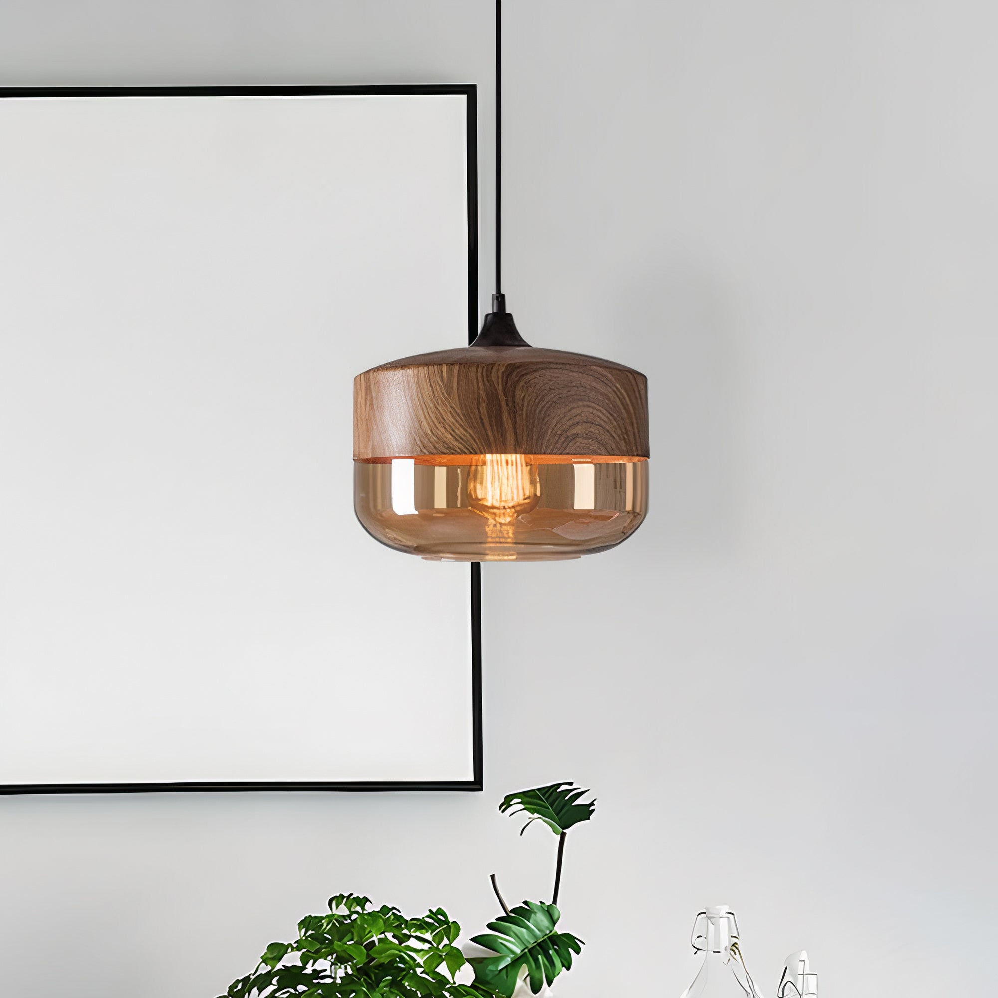 Holz Pendelleuchte Glas farbig, Moderne Hängelampe
