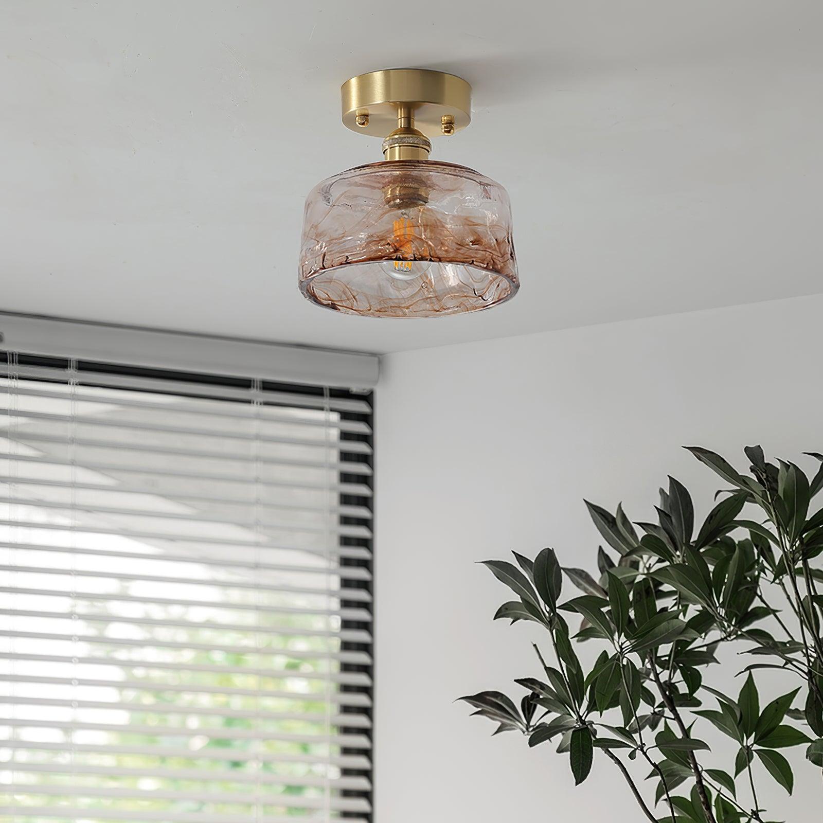 Deckenleuchte Glas Messing Vintage, Amber Retro Design, Dimmbar E27